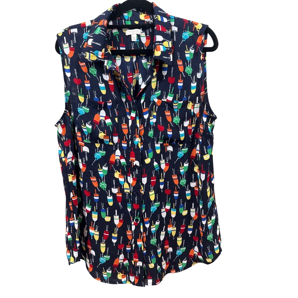 Talbots Womens Navy Blue Nautical Buoy Print Sleeveless Button Down Shirt M